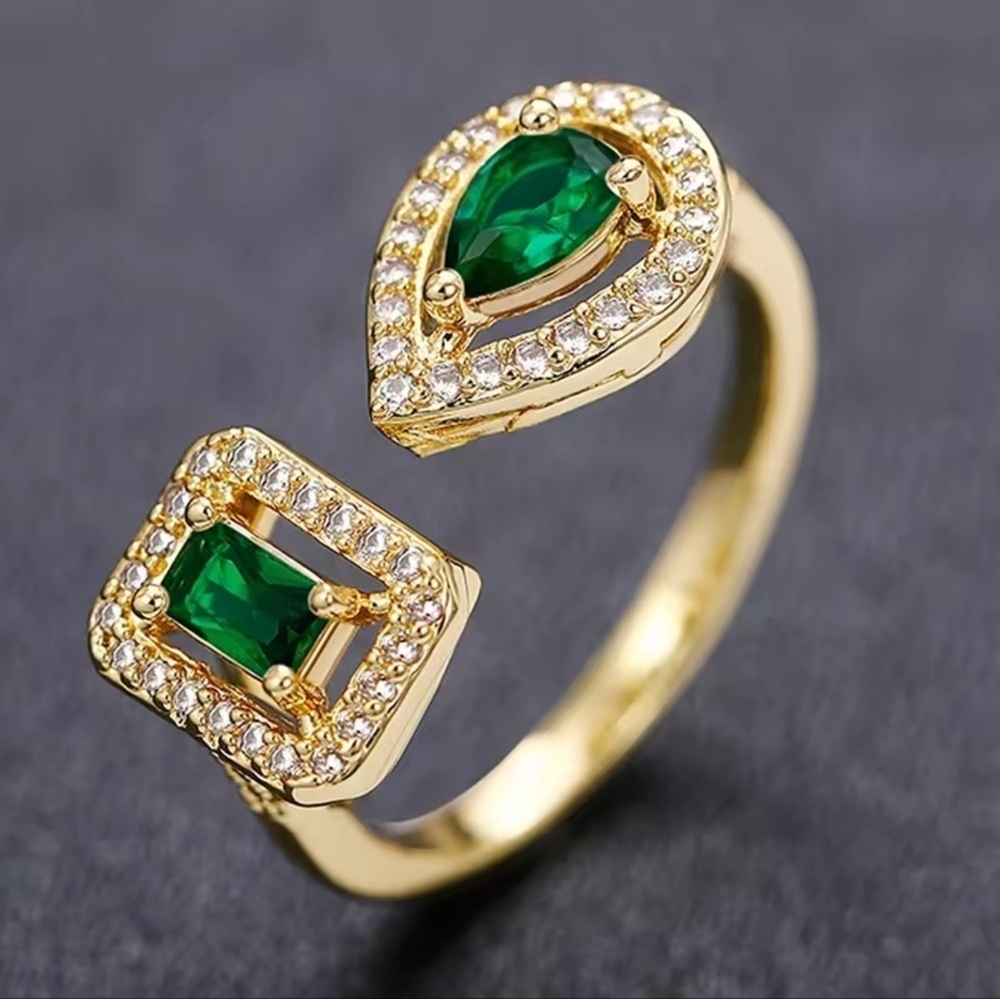 Gold Open Ring with Emerald Green Stones
